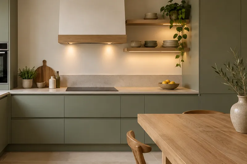 Visualización conceptual IA de cocina: Cocinas de Lucas Medina. Detalle de materiales y distribución.